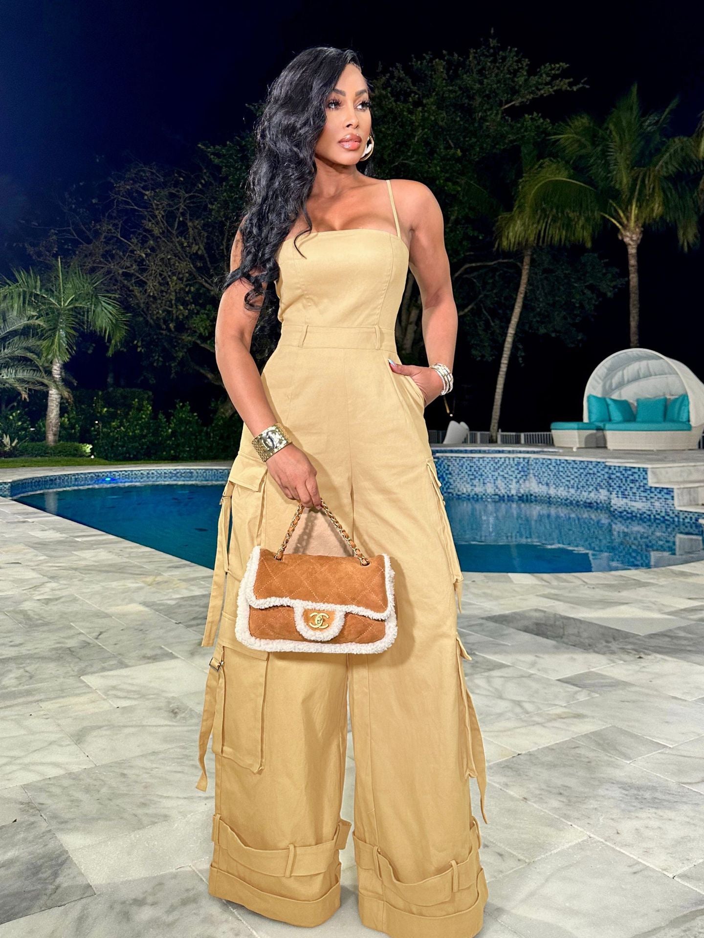 VVZ Women's Solid-Color Wide-Leg Cargo Jumpsuit