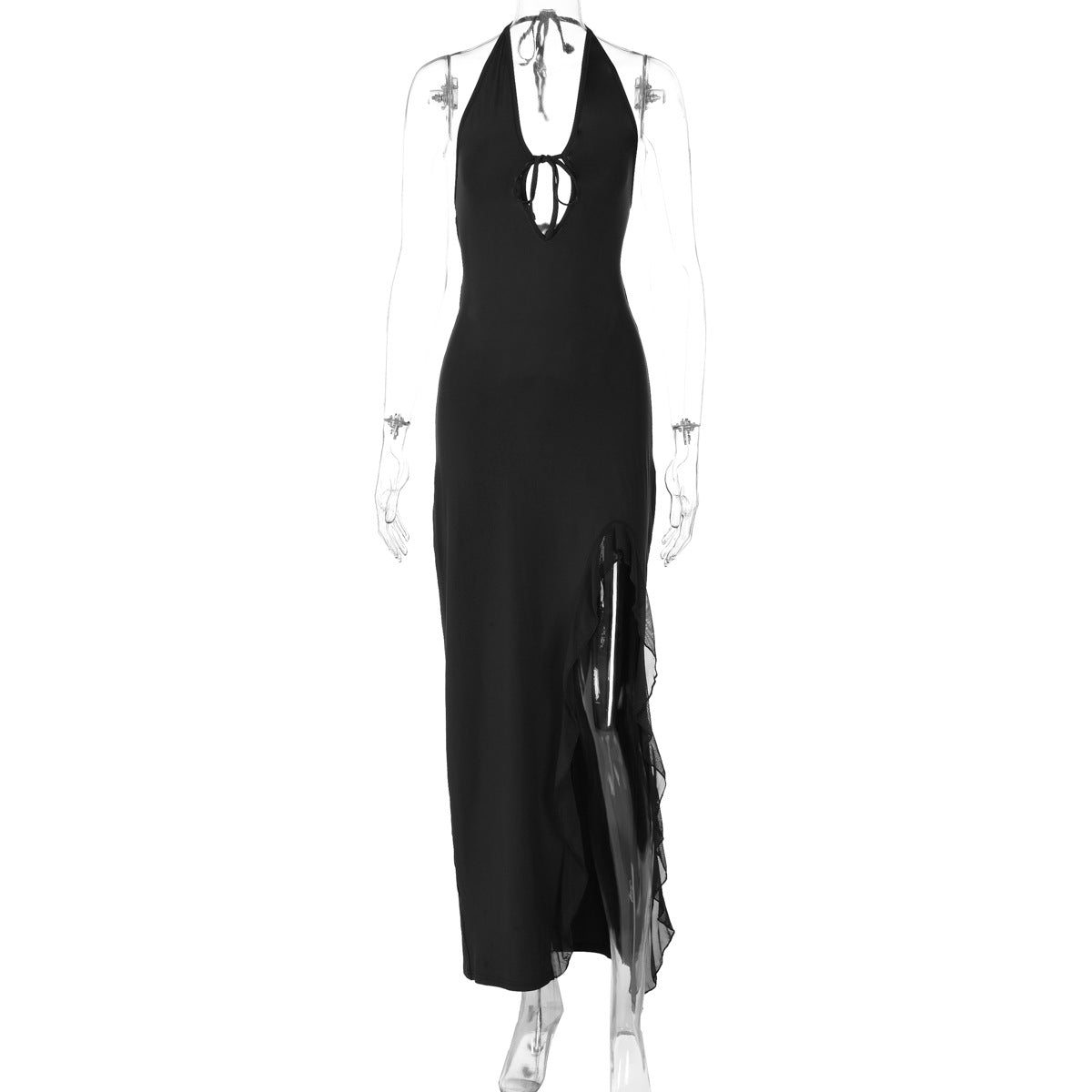 VVZ Solid-Color Ruffled, Slit, Lace-Up Backless Maxi Dress