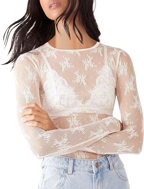 VVZ Womens Mesh Tops Lace Spring Long Sleeve Shirts