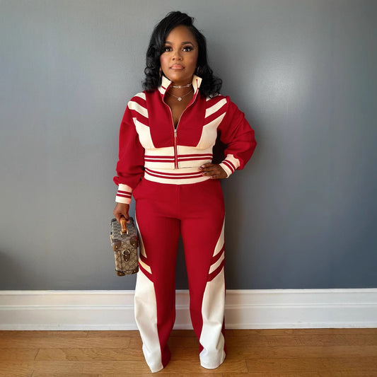 VVZ Women's Colorblock Print Zip Up Crop Jacket & Pants Two-piece Set