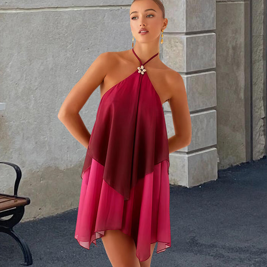 VVZ Loose-Fit Mesh Halter Dress with Gradient Color