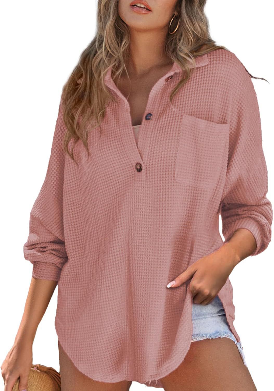 VVZ Women's Oversized Henley Waffle Shirts