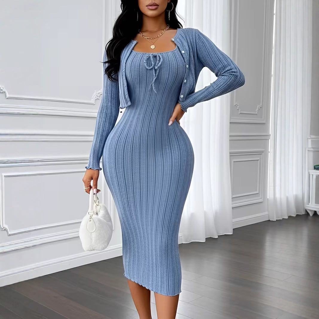 VVZ Women's Solid Button Front Crop Top & Ribbed Bodycon Dress Set