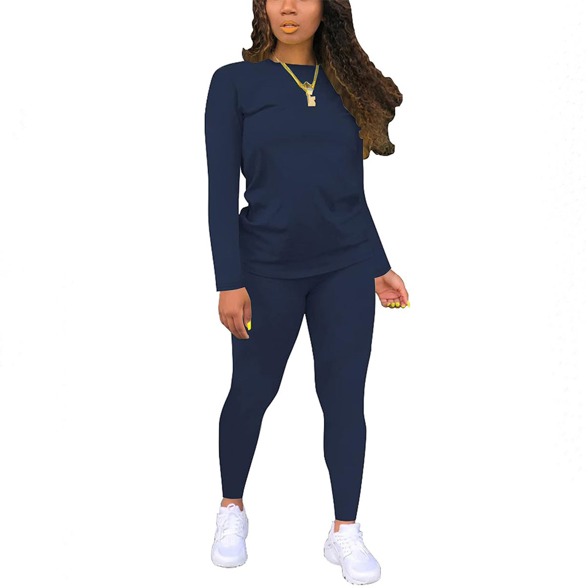 VVZ Women's Solid Long Sleeve Tee & Elastic Waist Pants Set