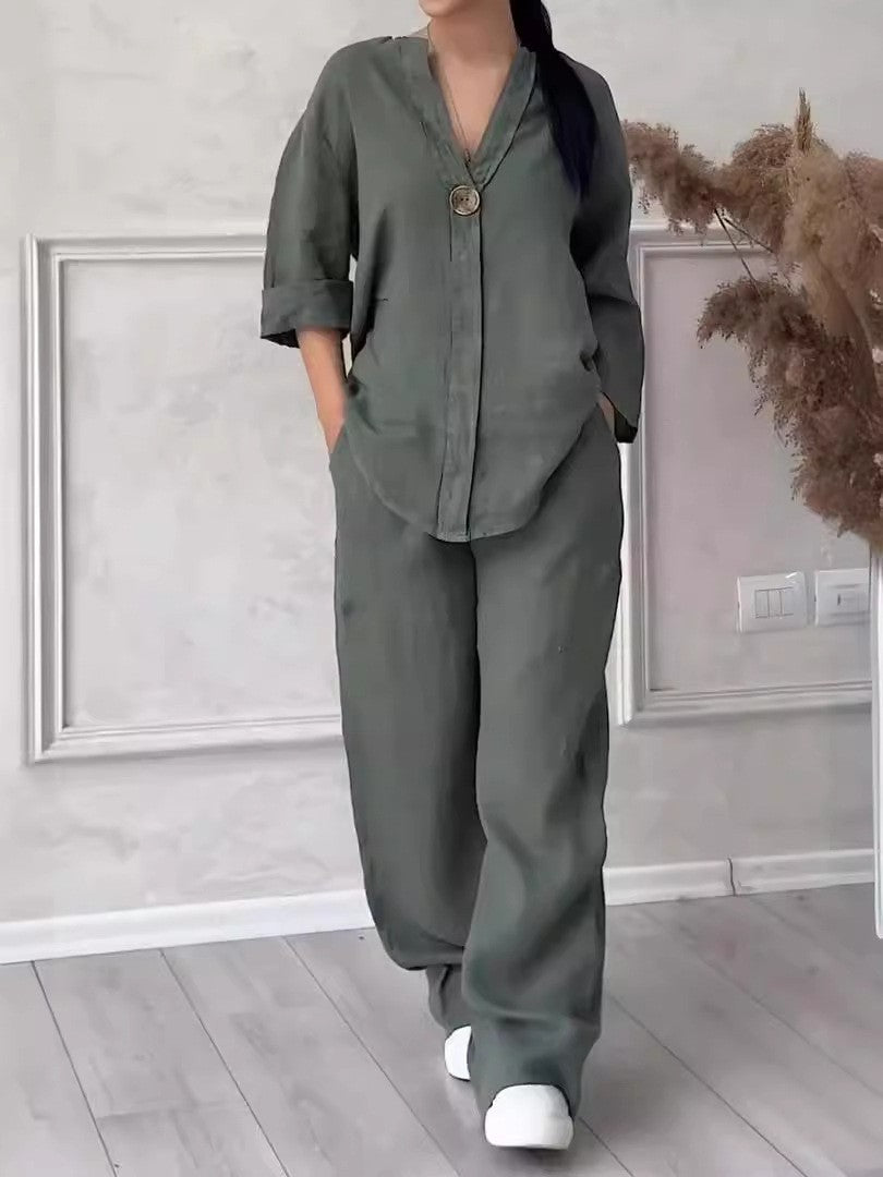 VVZ Plus-Size Women's Two-Piece Set: Casual, Breathable Long-Sleeve Shirt & Loose-Fit Trousers