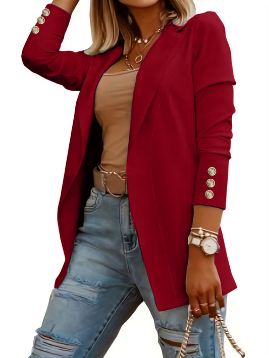 VVZ Women's Solid Button Lapel Neck Open Front Fitted Blazer