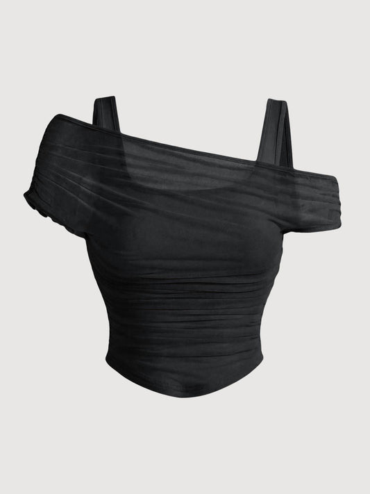 VVZ Women's Asymmetrical Neckline Ruched Cropped Top