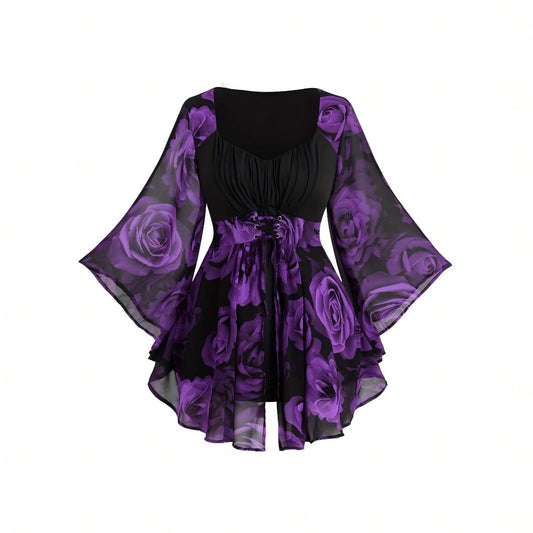 VVZ Rose-print asymmetrical ruffled lace-up tulle top