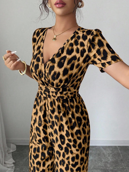 VVZ Women's Leopard Print V-Neck Jumpsuit