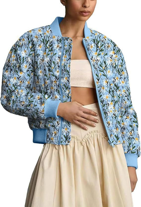 VVZ Women's Ramie Linen Embroidered Daisy Cropped Bomber Jacket