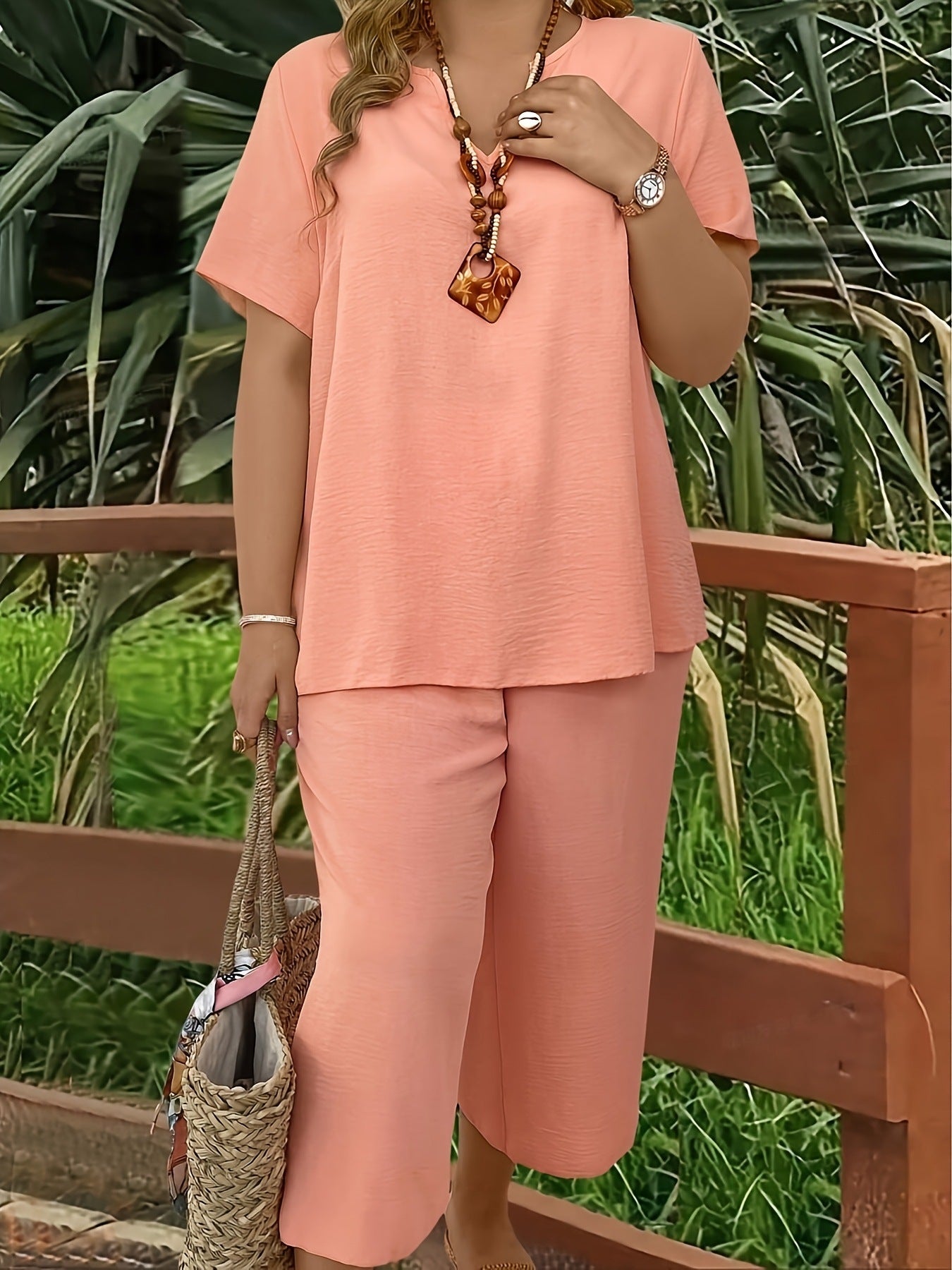 VVZ Elegant Plus-Size Women's Set: Solid-Color Short-Sleeve Fashion Top & Casual Wide-Leg Pants