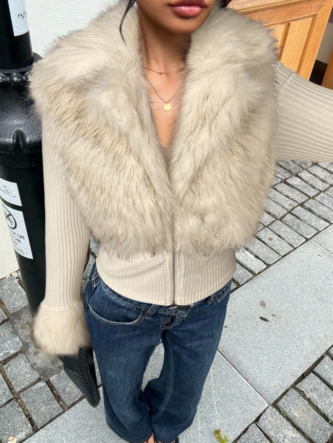 VVZ Women's Street Style Patchwork Knit Faux Fur Jacket