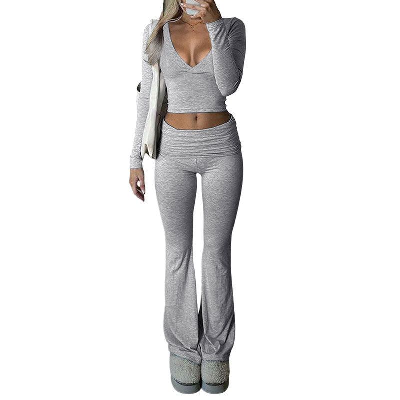 VVZ Slim-Fit Crop Top & Pants Two-Piece Set, Solid Color V-Neck Long Sleeve