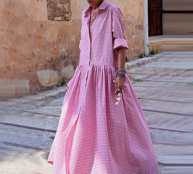 VVZ Women's Vintage Plaid Shirt Dress