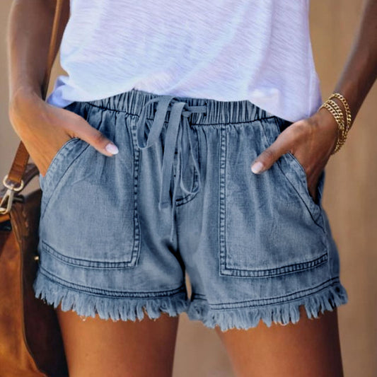 VVZ Women's Plain Drawstring Waist Denim Shorts