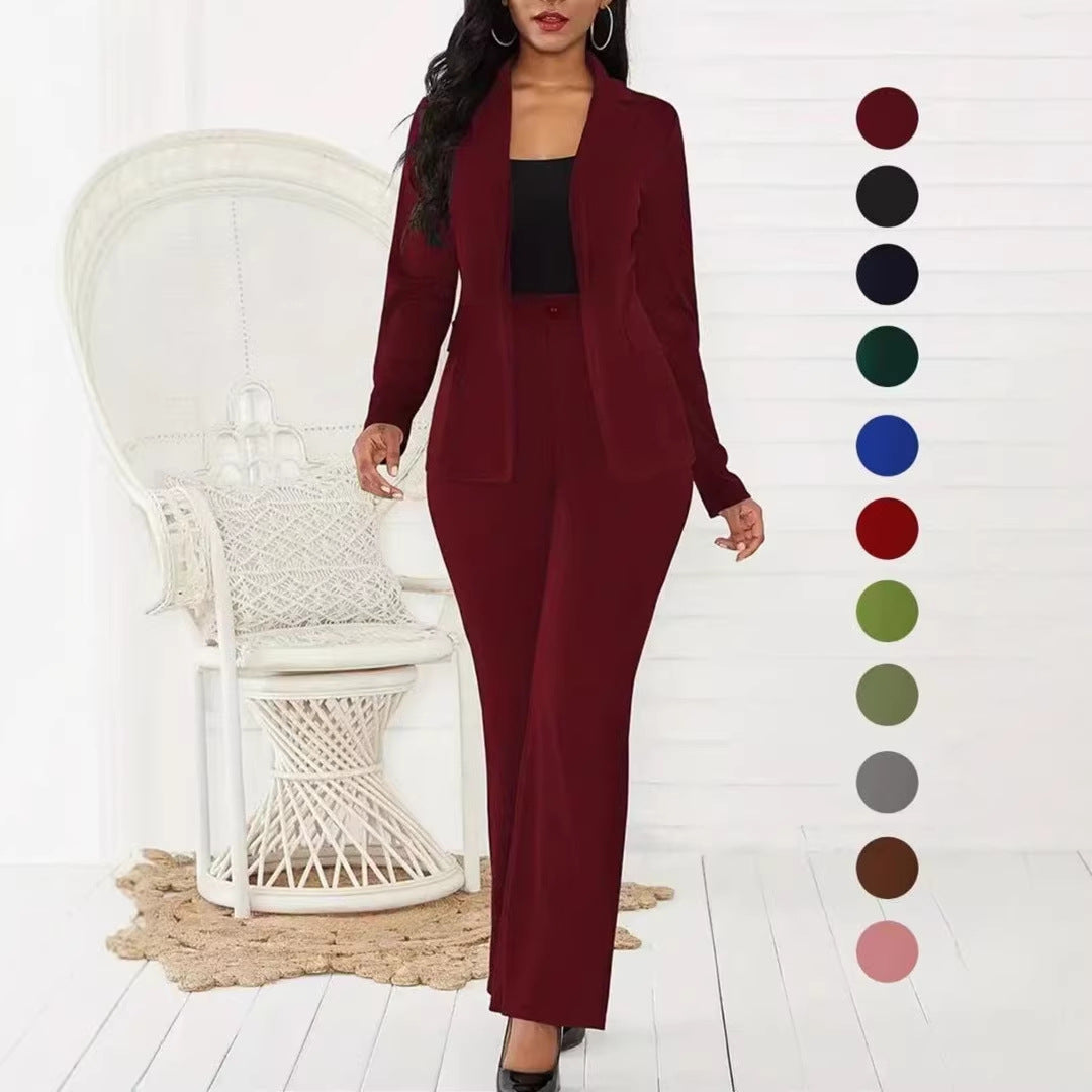 VVZ Women's Two-Piece Set Plain Button Lapel Blazer & Suit Pants