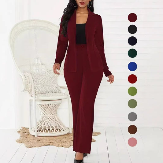 VVZ Women's Two-Piece Set Plain Button Lapel Blazer & Suit Pants