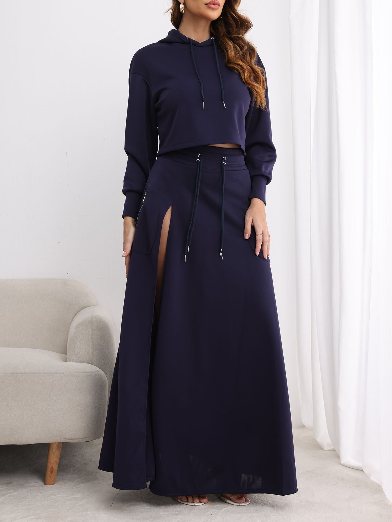 VVZ Women's Solid Drawstring Hoodie & Split Thigh Skirt Set