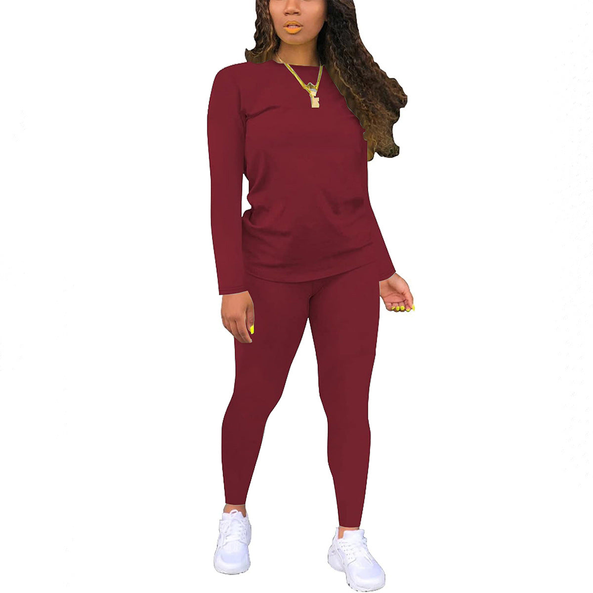 VVZ Women's Solid Long Sleeve Tee & Elastic Waist Pants Set