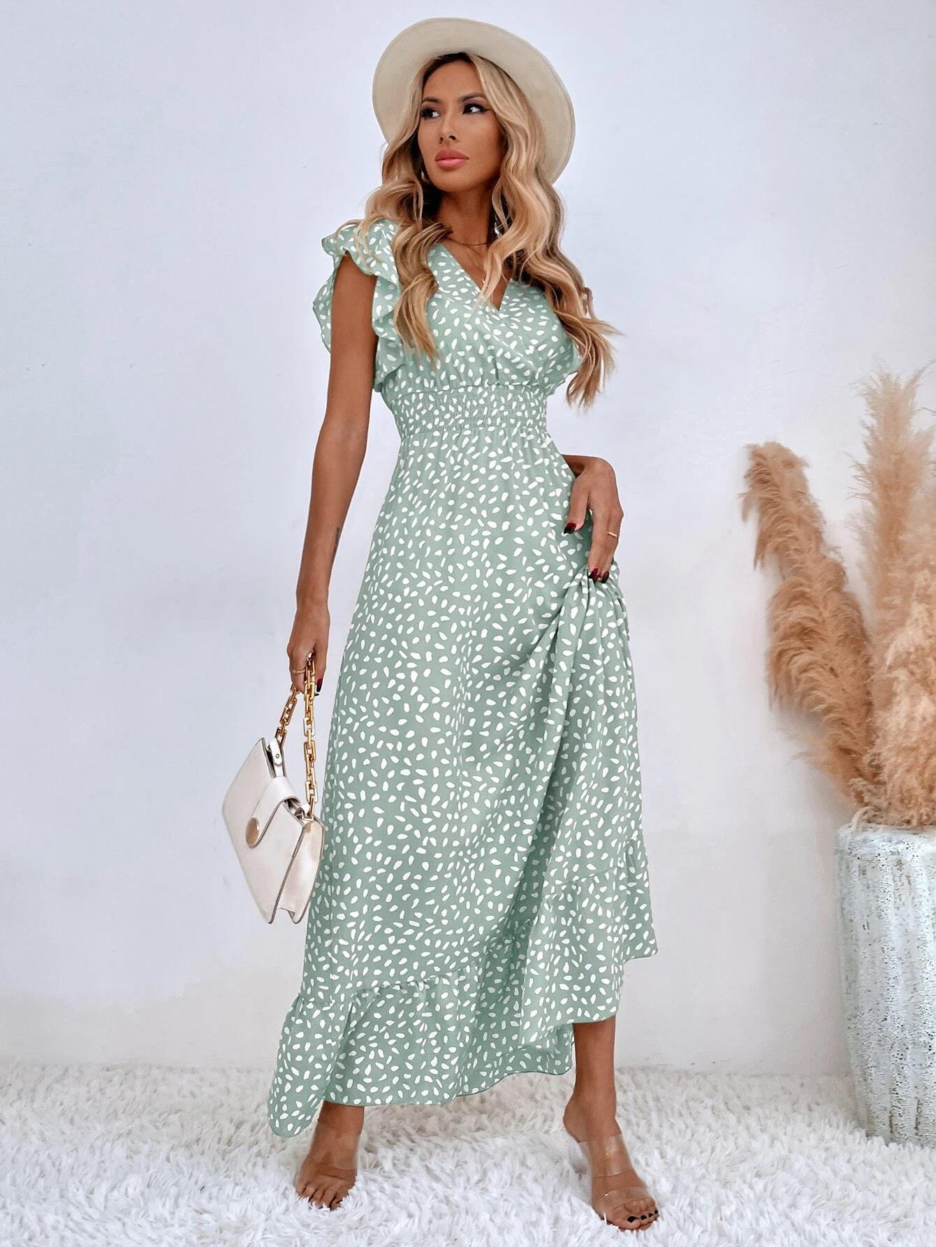 VVZ Women's Floral V-Neck Ruffled Waist-Cinching Slim-Fit Dress