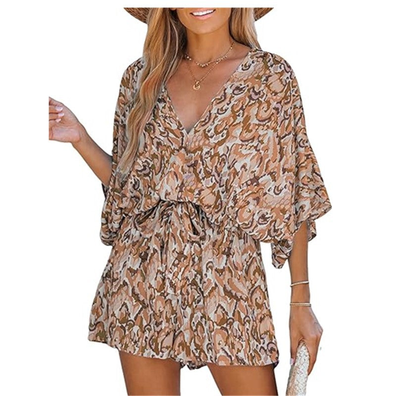 VVZ Women's All-Over Print V-Neck Wide-Leg Romper with Tie Waist