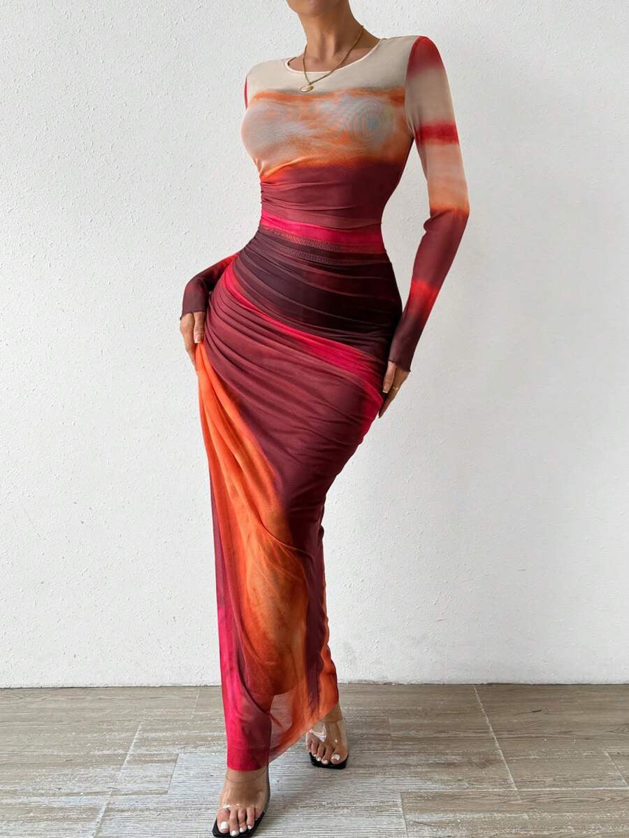 VVZ Sexy Mesh-Print Ruched Bodycon Dress with Round Neckline