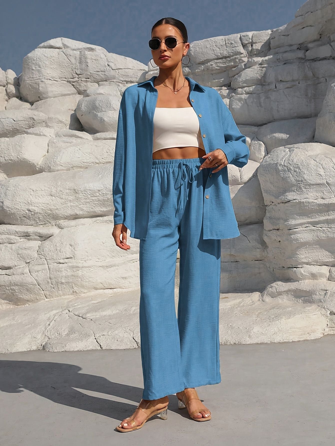 VVZ Women's Solid Button Front Shirt & Tie Front Wide Leg Pants Two-piece Set