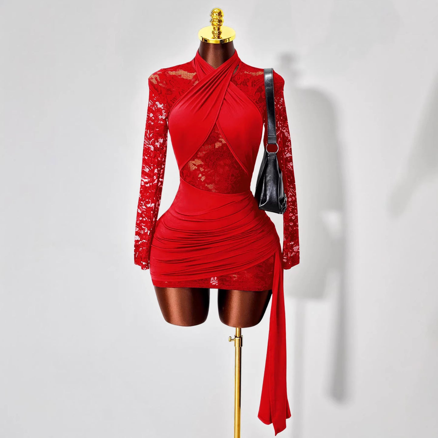 VVZ Women's Halter-Neck Lace Long-Sleeve Slim-Fit Dress