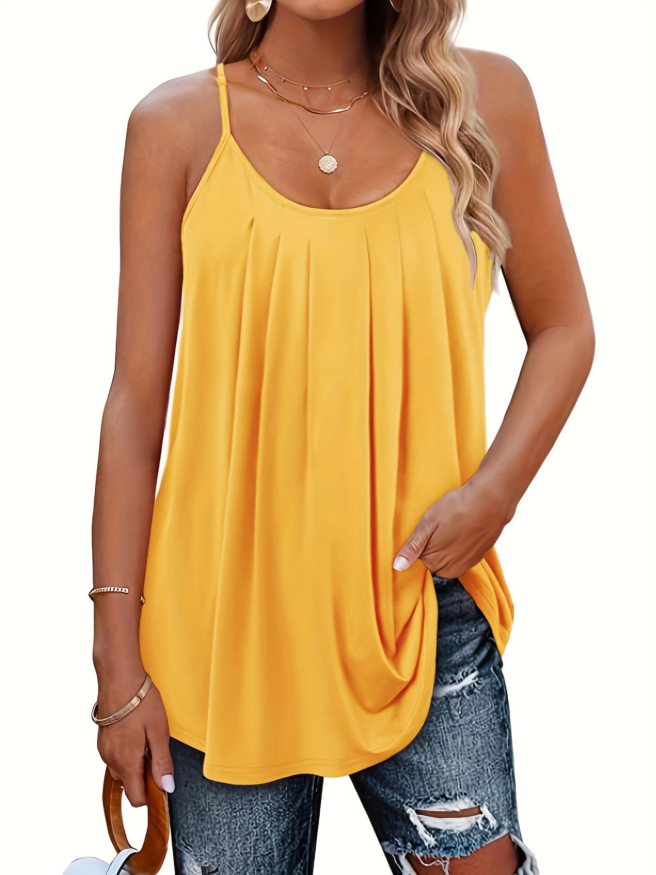 VVZ Solid-Color Ruched Round-Neck Cami Top