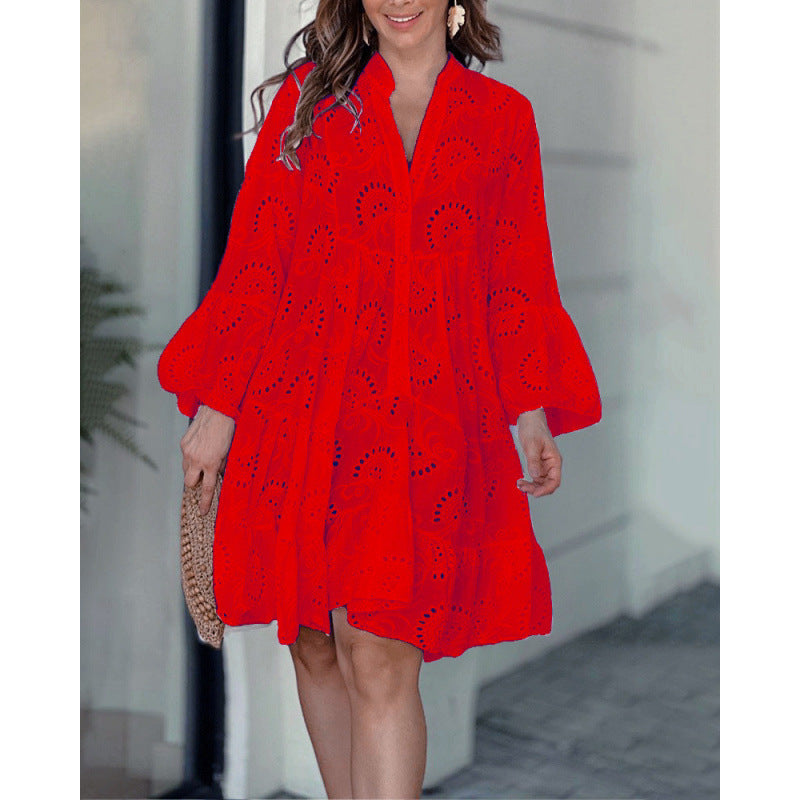 VVZ Plain Eyelet Embroidery Notched Neck Long Sleeve Smock Dress