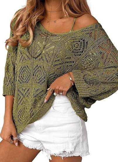 VVZ Spring/Summer Openwork Crocheted Pullover Sweater with Three-Quarter Sleeves