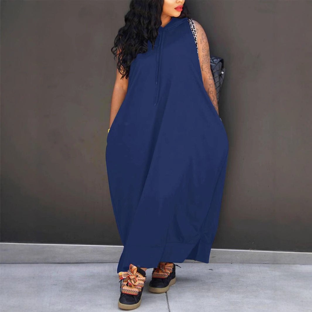 VVZ Women's Plain Drawstring Hooded Tank Dress