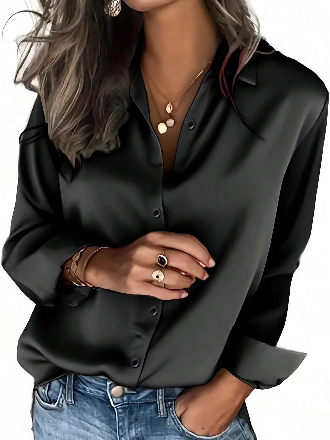 VVZ Women's solid color satin button-down long-sleeved casual shirt