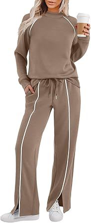 VVZ Women's Fashion New Round Neck Solid Color Patch Long Sleeve Top & Pants Set