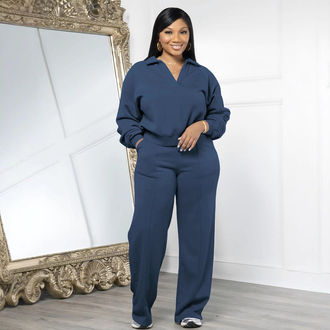 VVZ Women's Solid Long Sleeve Sweatshirt & Drawstring Waist Pants Set