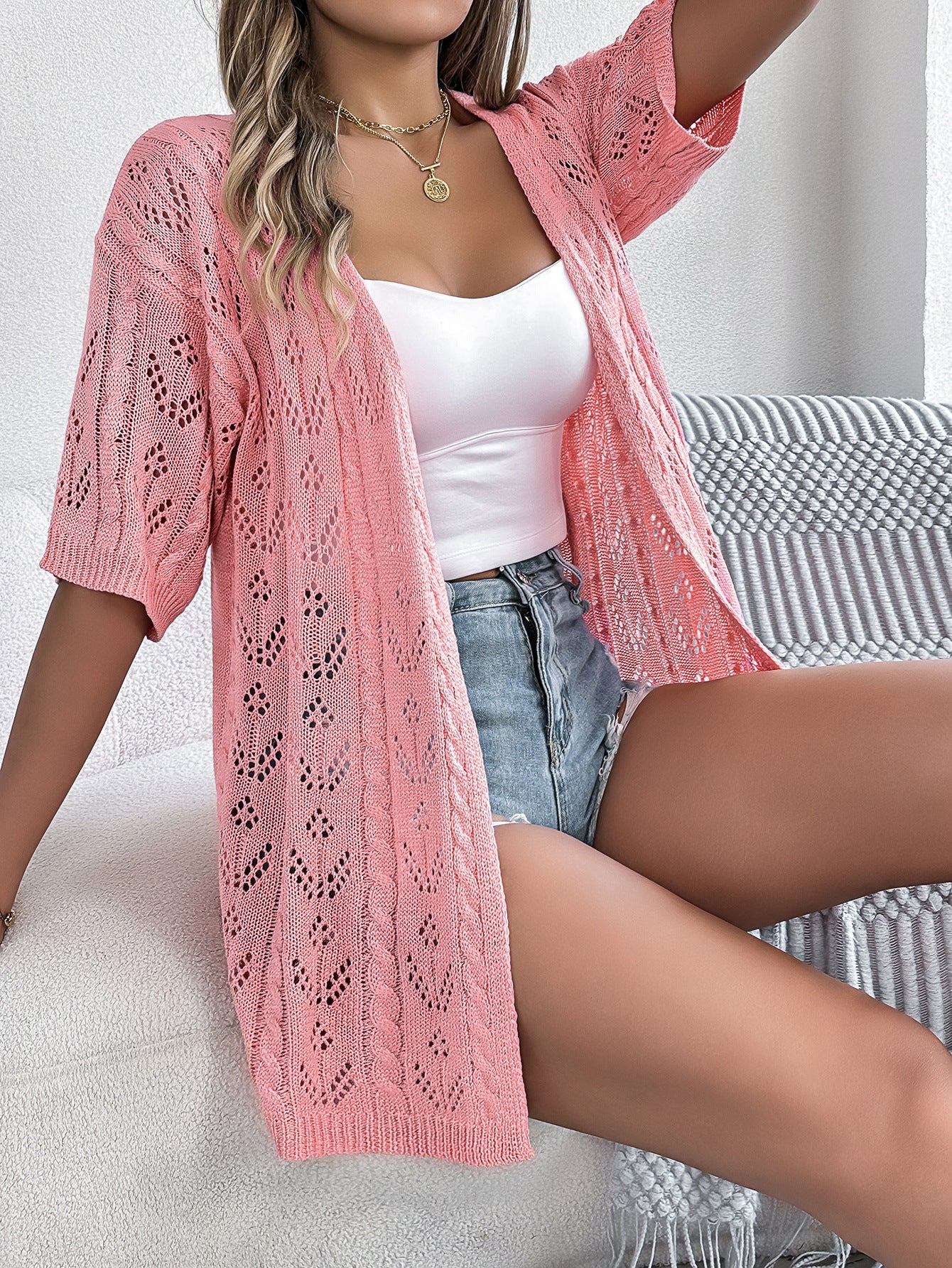 VVZ Women's Solid-Color Open-Knit Sheer V-Neck Drop-Shoulder Slim-Fit Cardigan