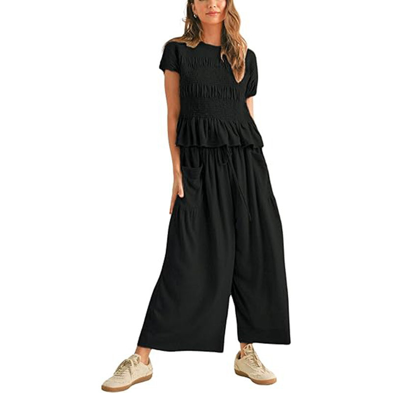 VVZ Women’s 2-Piece Smocked Top & Wide-Leg Pants Set