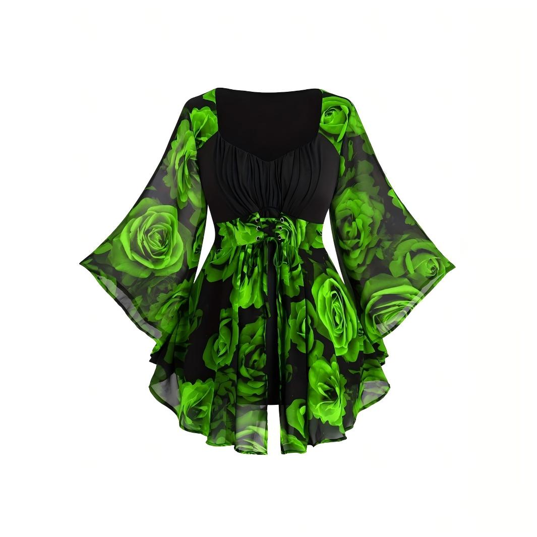 VVZ Rose-print asymmetrical ruffled lace-up tulle top