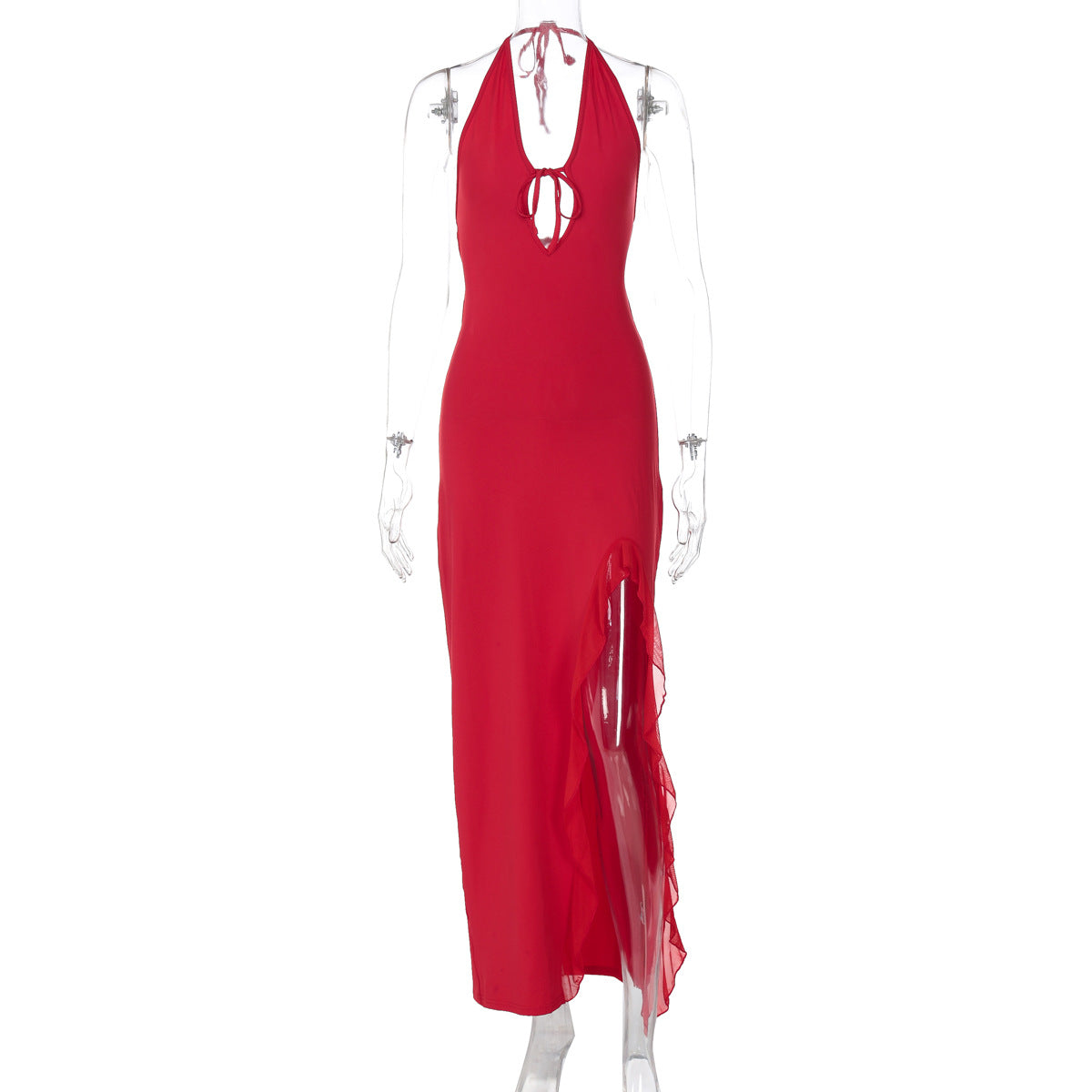 VVZ Solid-Color Ruffled, Slit, Lace-Up Backless Maxi Dress
