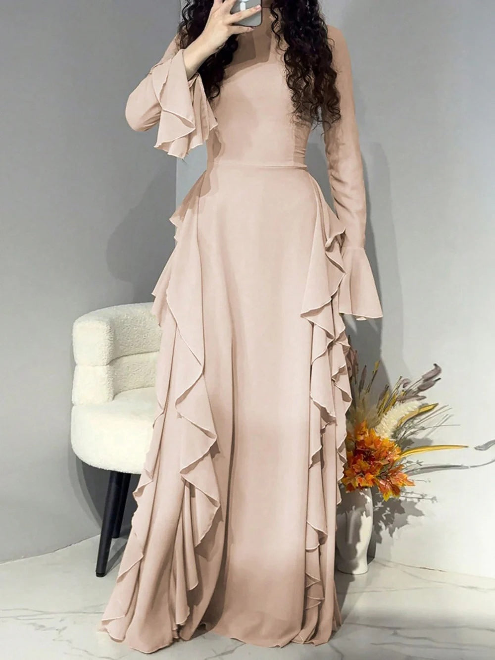 VVZ Solid-Color Waist-Cinching Maxi Dress with Flared Sleeves
