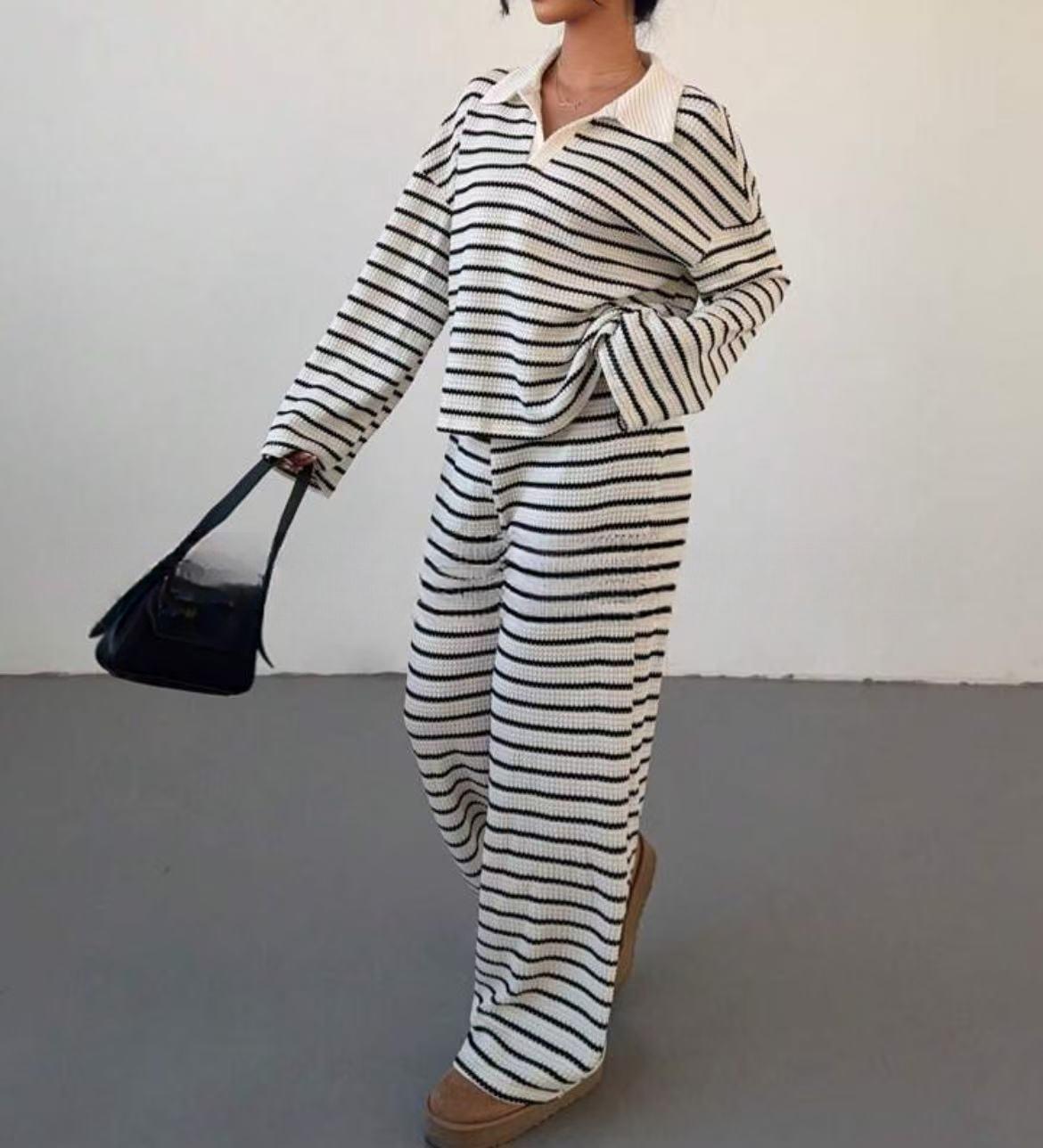 VVZ Women's Casual Color Matching Stripe Long Sleeve Top & Wide Leg Trousers Co-ord
