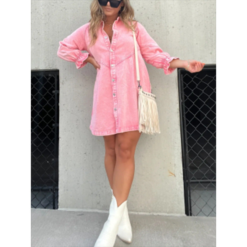 VVZ Washed Denim Puff-Sleeve Mini Dress