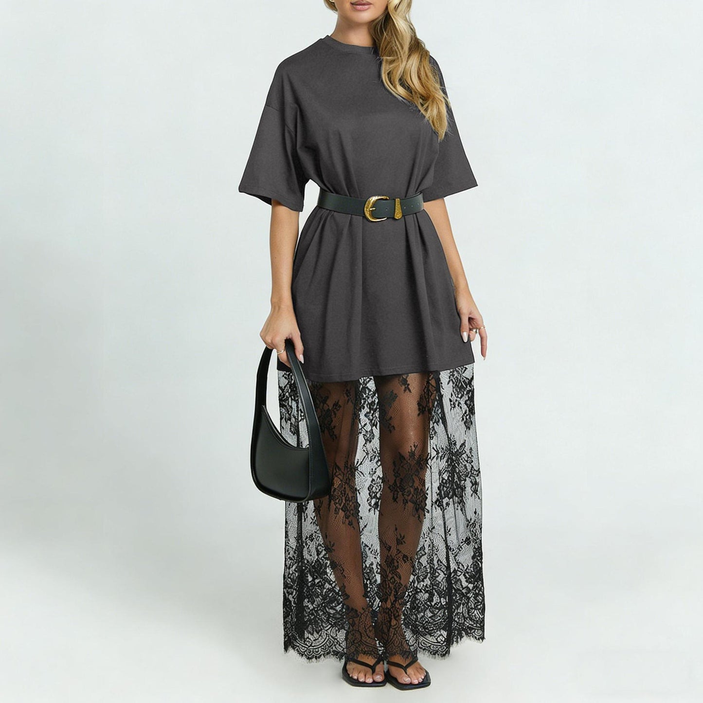 VVZ Women's Black Loose-Fit T-Shirt Maxi Dress