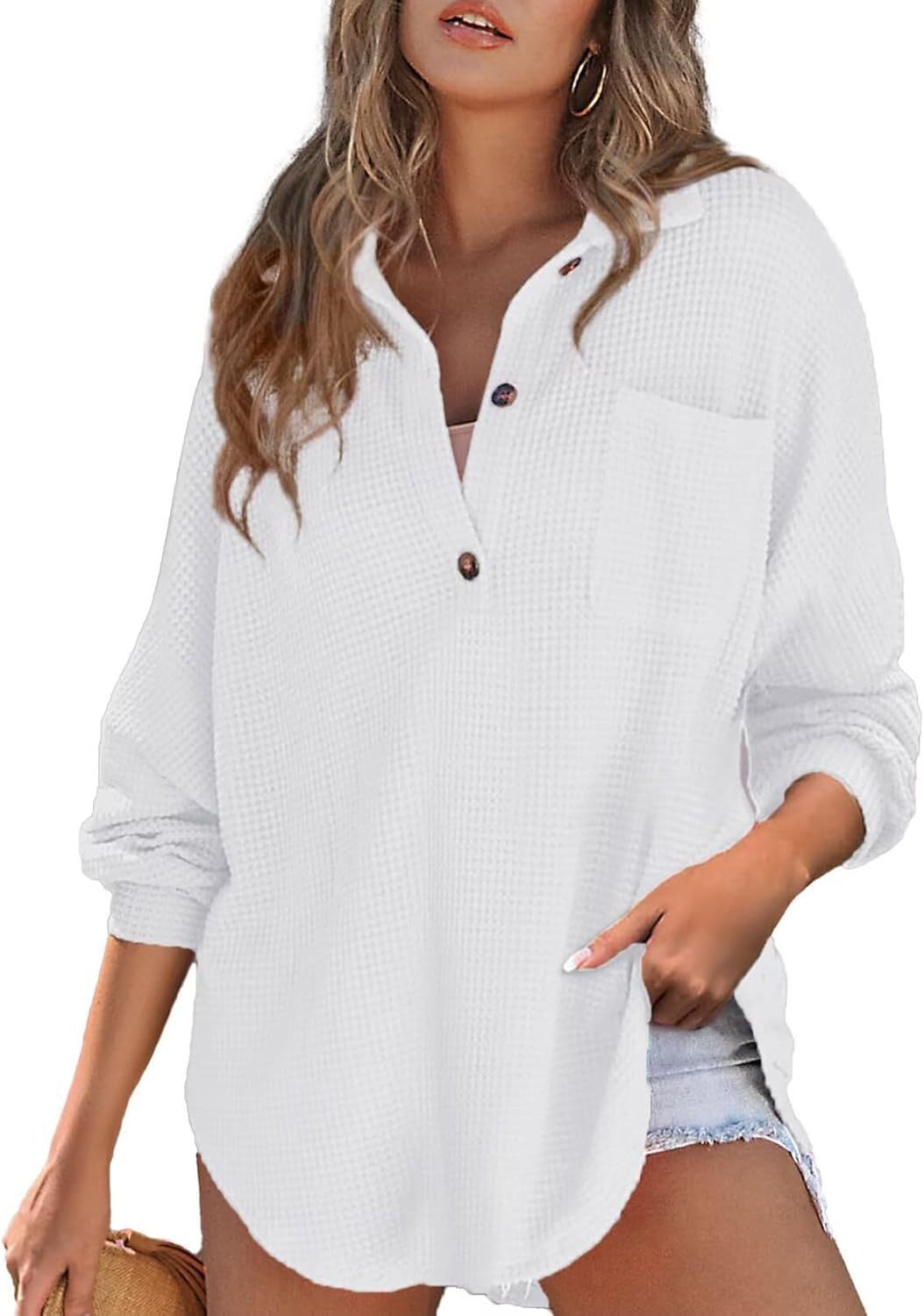 VVZ Women's Oversized Henley Waffle Shirts