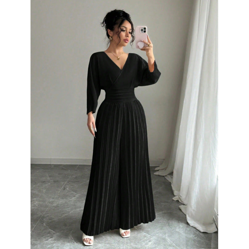 VVZ Women's Elegant V Neck Batwing Sleeve Pleated Wide Leg Pants