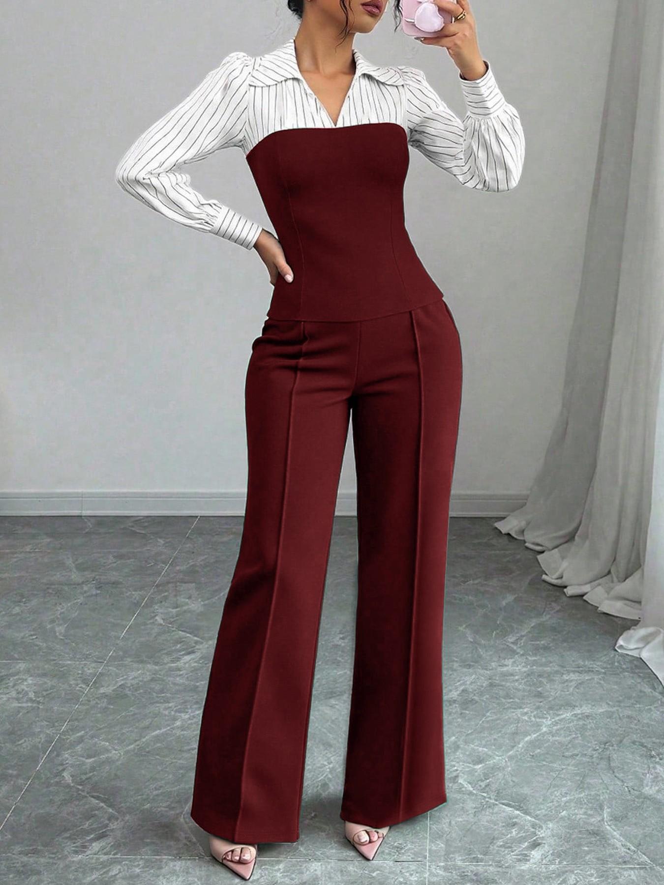 VVZ Women's Long Sleeve Colorblock Patchwork Shirt Set