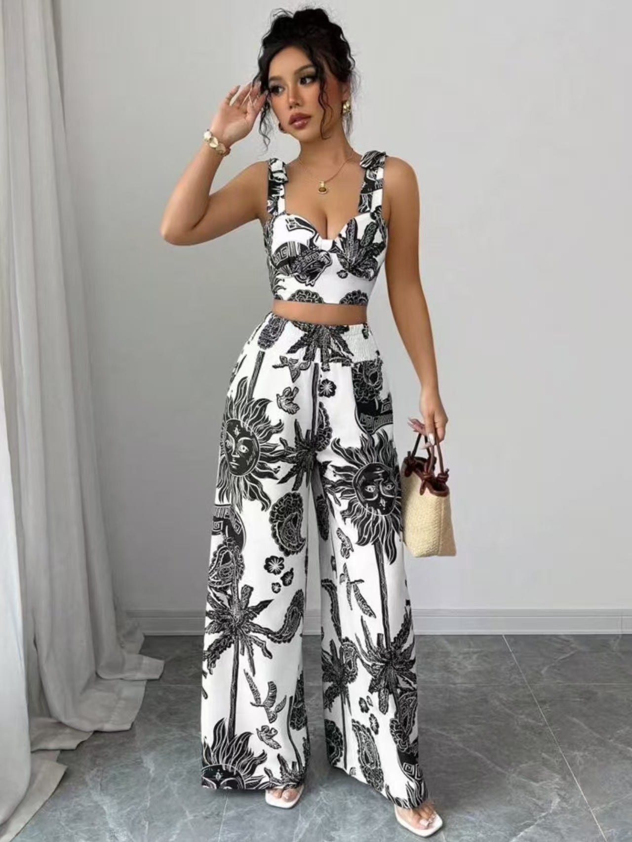 VVZ Women's Boho Style Floral Print Sleeveless Top & Belted Straight Leg Pants Set