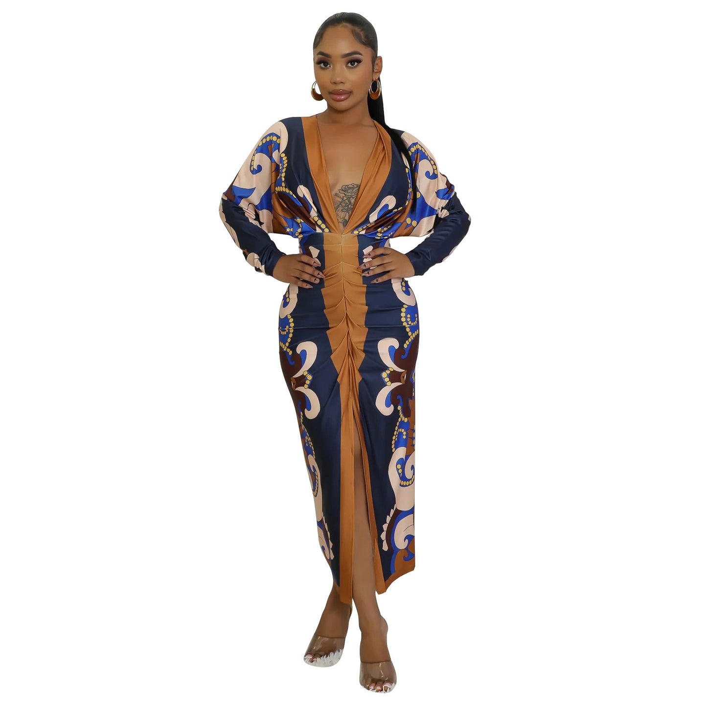 VVZ V Neck Long Sleeve Folds Sling Skinny Dresses