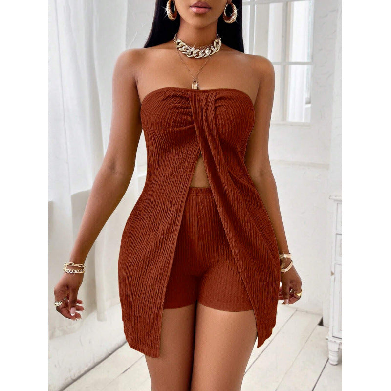 VVZ Women's Summer Plain Textured Fabric Twist Front Split Sleeveless Top Short Pants Set