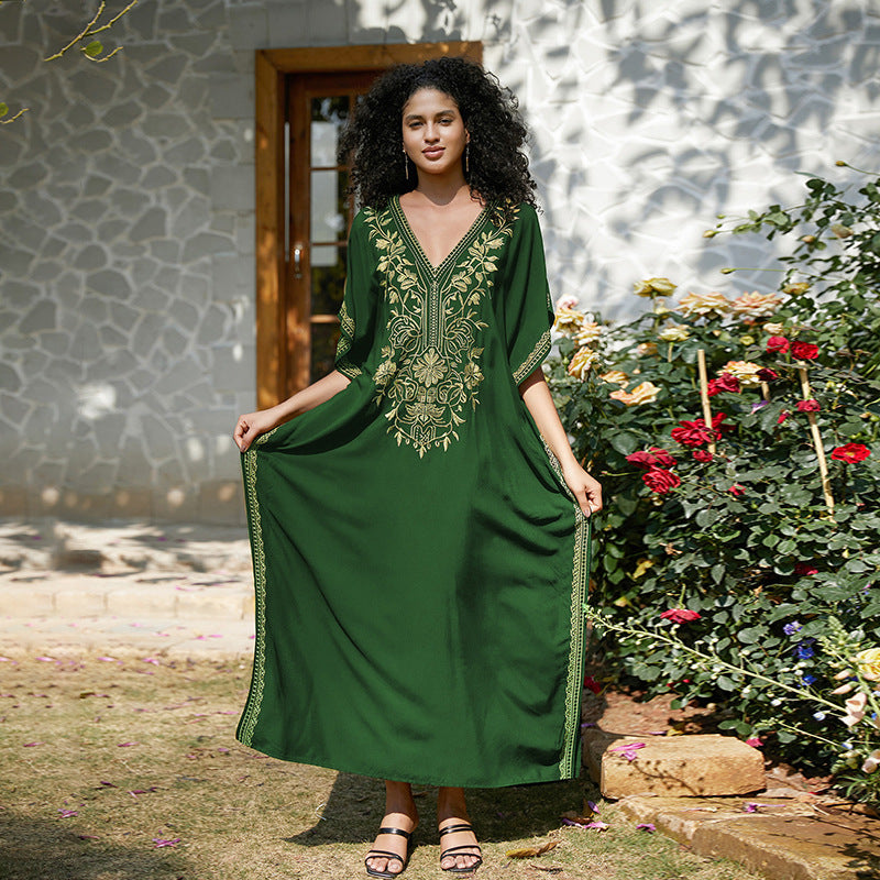 VVZ Elegant Summer V-Neck Half-Sleeve Maxi Dress